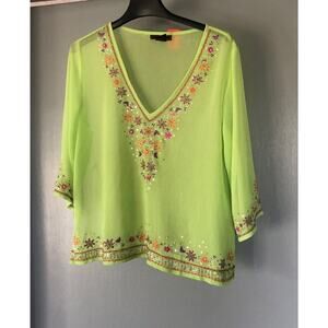 Bill Blass Studio Women's 3/4 Sleeve L Sheer Top Beaded embroidered V Neck Tunic